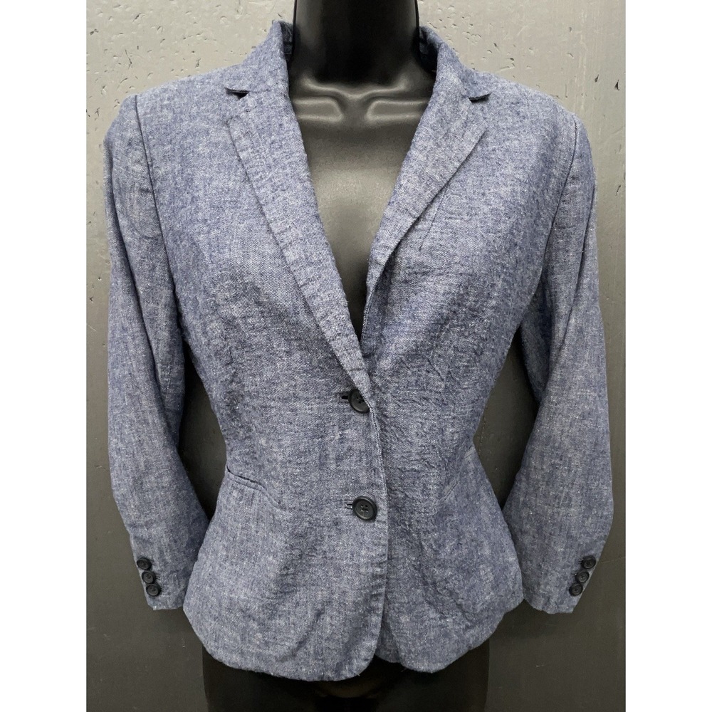 Banana Republic Blazer Women 2 Blue Chambray Linen‎ Pockets Coastal Prep Jacket